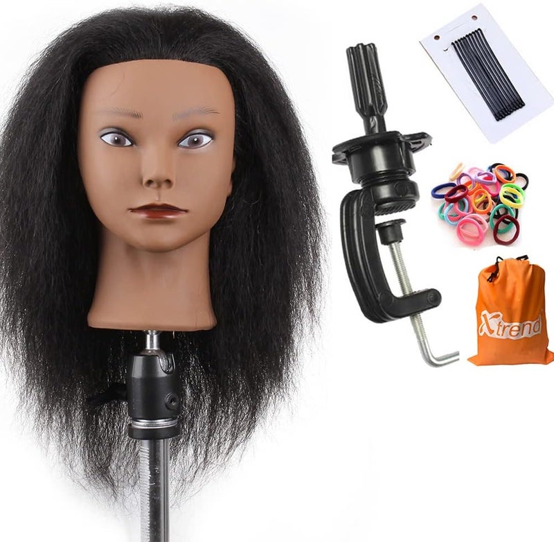Xtrend Mannequin Head with 100 Real Hair Hairdresser Training Head Manikin Cosmetology Head Hairdressers Practice Training Head for Hairstyling and BraidingTable Clamp Stand Included