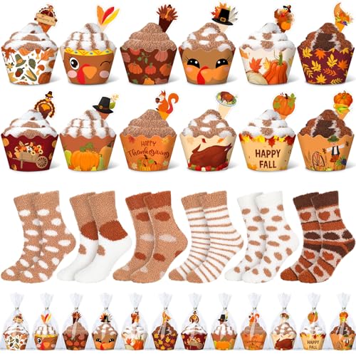Suhine 24 Pairs Fall Cupcake Fuzzy Socks Friendsgiving Warm Slipper Socks with Clear Gift Bags Soft Gifts for Cozy Women Girl - Image 1