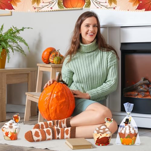 Suhine 24 Pairs Fall Cupcake Fuzzy Socks Friendsgiving Warm Slipper Socks with Clear Gift Bags Soft Gifts for Cozy Women Girl - Image 3