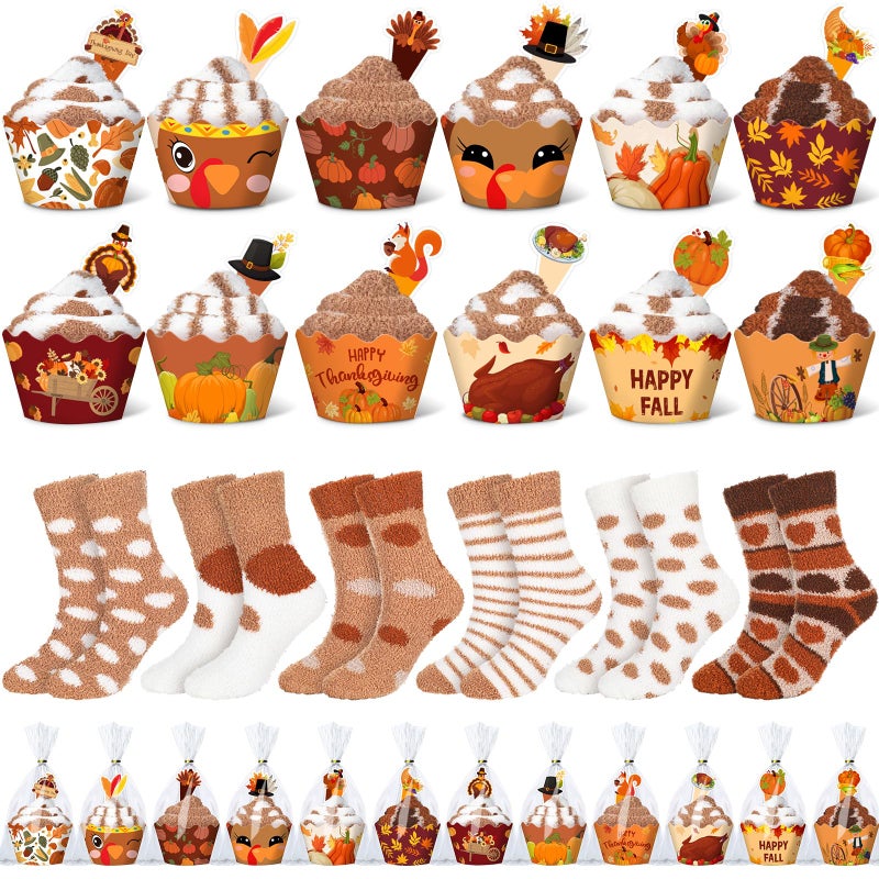Suhine 24 Pairs Fall Cupcake Fuzzy Socks Friendsgiving Warm Slipper Socks with Clear Gift Bags Soft Gifts for Cozy Women Girl - Image 2
