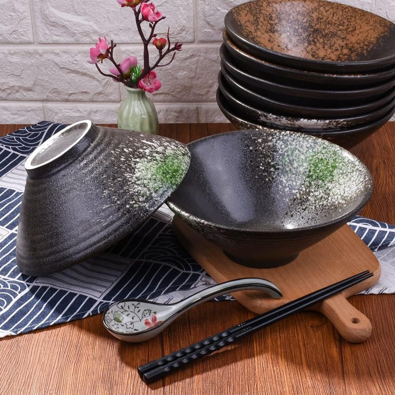 Cerficer 32 oz Large Ceramic Ramen Bowl Set of 2 Japanese Porcelain Noodle Bowls for Cereal and Soup with Green Spots - Image 4