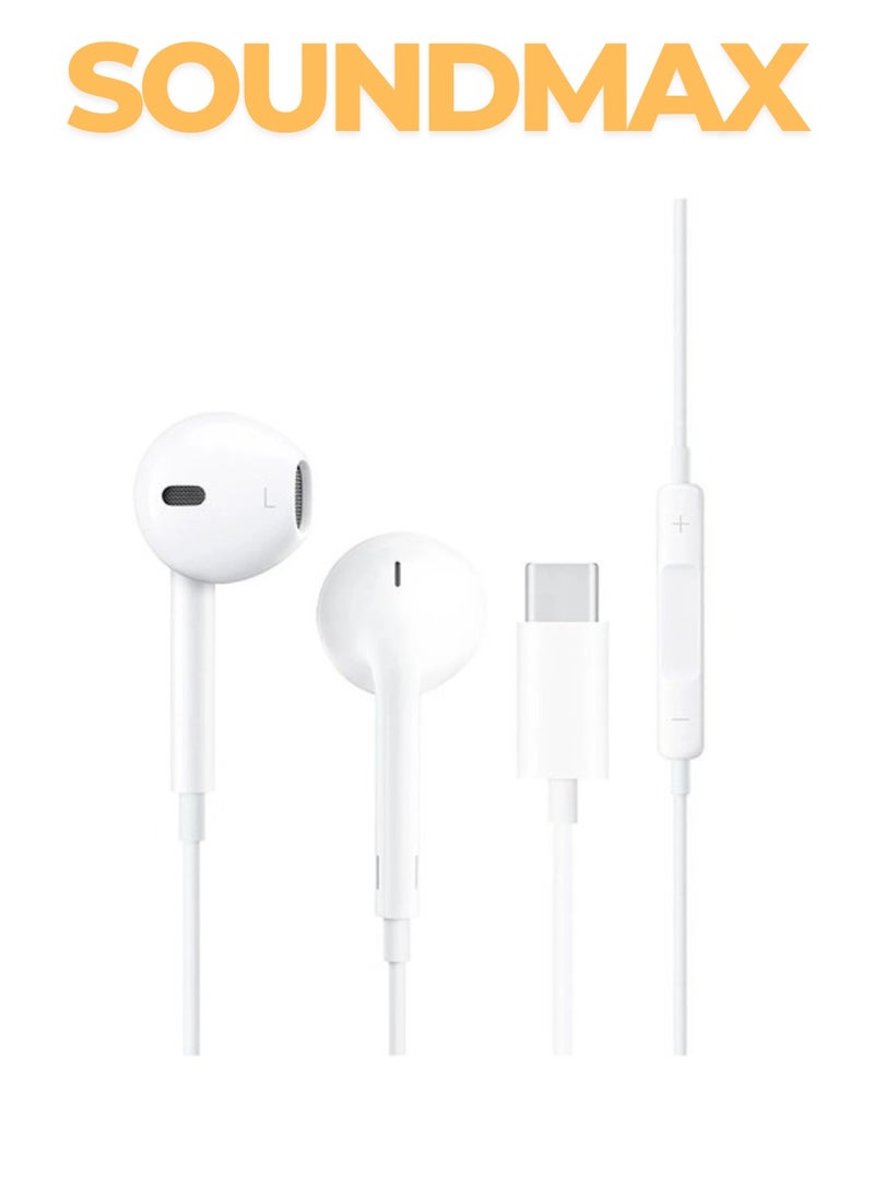 Soundmax USB-C Wired Earbuds with Microphone & Volume Control, In-Ear Headphones  (White) – High-Quality Sound & Comfortable Fit.  - Image 1
