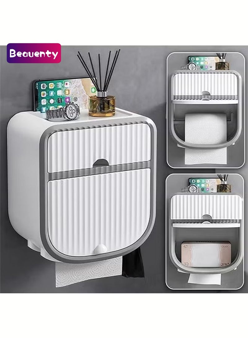 Beauenty Multifunctional Toilet Paper Holder,Wall-Mounted Waterproof Tissue Box Cover Compatible with Roll Paper Tissue Paper for Bathroom Kitchen Living Room No Drilling-White - Image 1