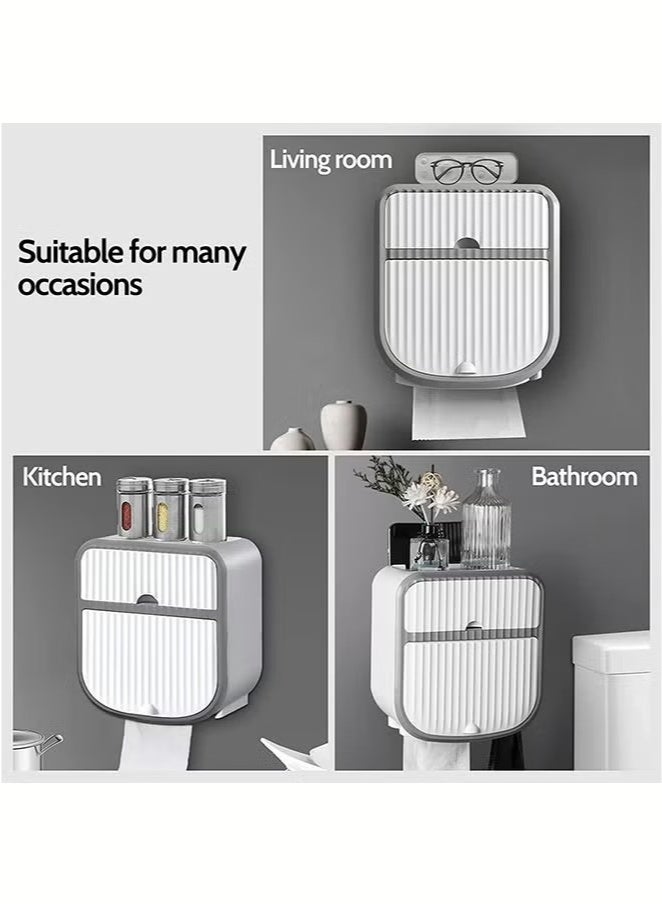 Beauenty Multifunctional Toilet Paper Holder,Wall-Mounted Waterproof Tissue Box Cover Compatible with Roll Paper Tissue Paper for Bathroom Kitchen Living Room No Drilling-White - Image 3