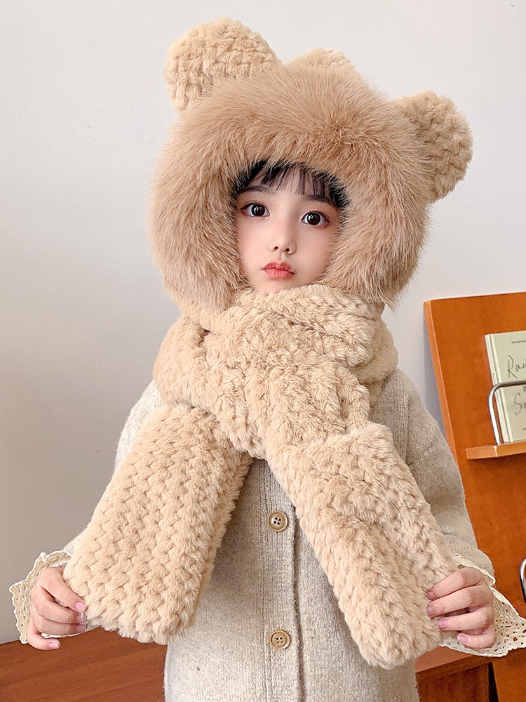 Cute Kids Fuzzy Fox Plush Hat Scarf Gloves Winter Set Khaki (children's model)