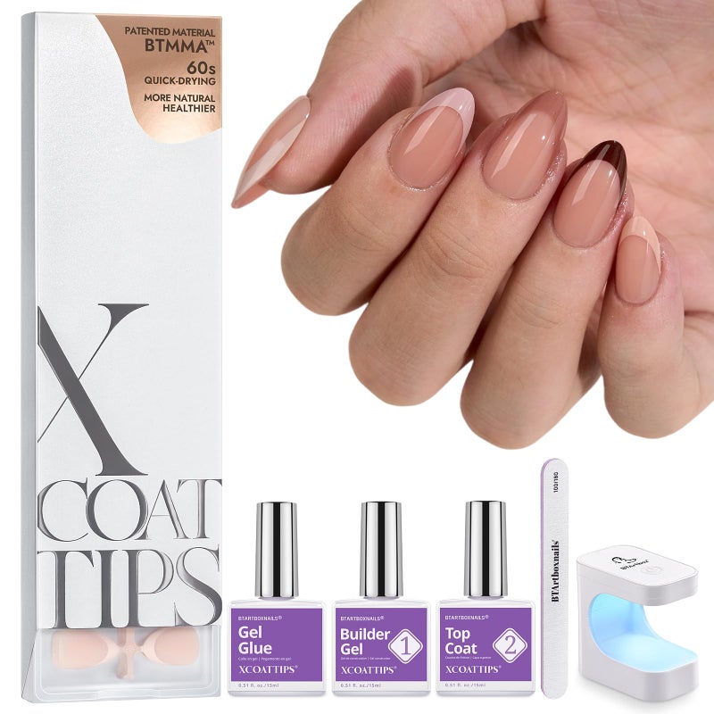 BTArtboxnails XCOATTIPS Press on Nails Short - Skin Tones Almond Nail Tips, Soft Gel Nail Tips with Nail Gel, French Protecting Duo, Nail Lamp, All in One Fake Nails French Tip Nails Kit - Image 1