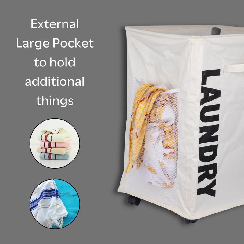 Onprix Collapsible Laundry Basket with 4Wheels Laundry Hamper Clothes Bag with Side Storage Net Pocket for Dirty Clothes Storage Beige - Image 4
