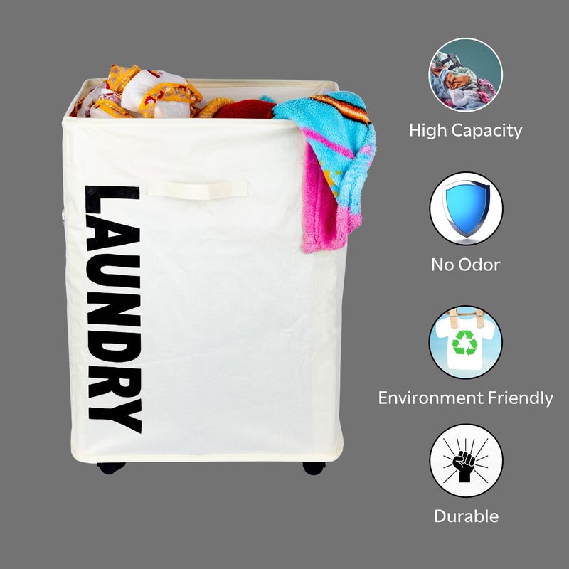 Onprix Collapsible Laundry Basket with 4Wheels Laundry Hamper Clothes Bag with Side Storage Net Pocket for Dirty Clothes Storage Beige - Image 5
