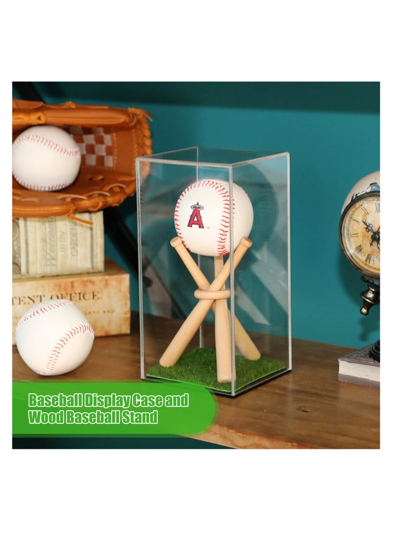 SYOSI Baseball Display Case, And Wood Baseball Stand, Acrylic Baseball Holder, Acrylic Box, With Grass Pad for Ball Display Mini Wooden Bat Baseball Holders for Memorabilia Autograph Ball - Image 4