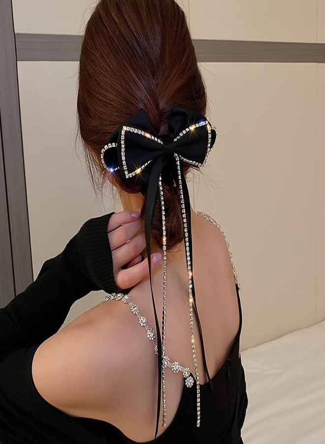 Cerun 1 Pcs Luxury black Large Bow Hair Clip Long Ribbon Hair Bows Rhinestone Tassel Hair Clip French Design Barrettes Fashion Hair Styling Accessories for Women Girls - Image 1
