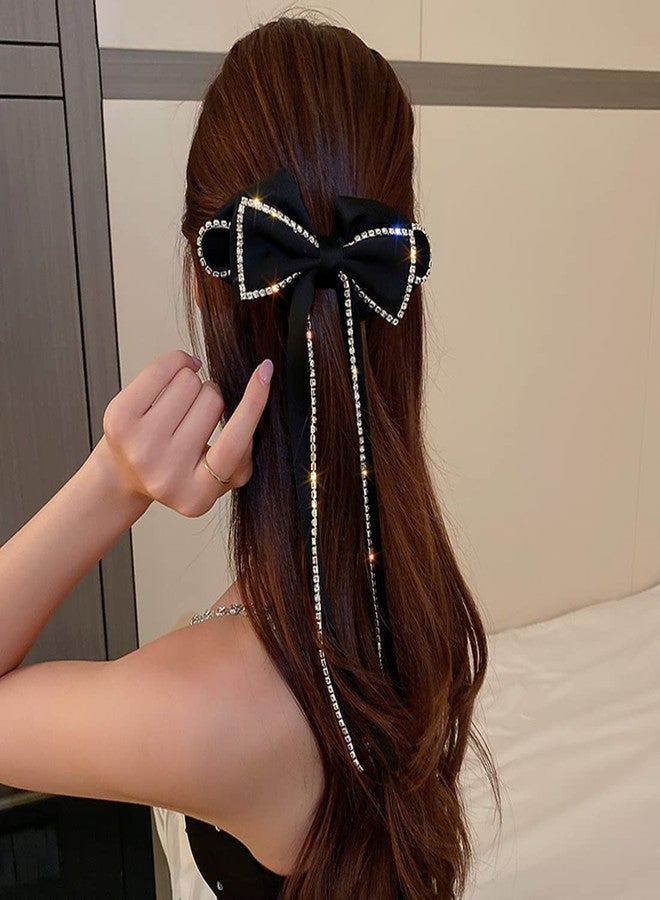 Cerun 1 Pcs Luxury black Large Bow Hair Clip Long Ribbon Hair Bows Rhinestone Tassel Hair Clip French Design Barrettes Fashion Hair Styling Accessories for Women Girls - Image 4