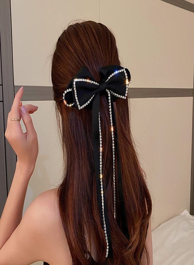 Cerun 1 Pcs Luxury black Large Bow Hair Clip Long Ribbon Hair Bows Rhinestone Tassel Hair Clip French Design Barrettes Fashion Hair Styling Accessories for Women Girls - Image 2