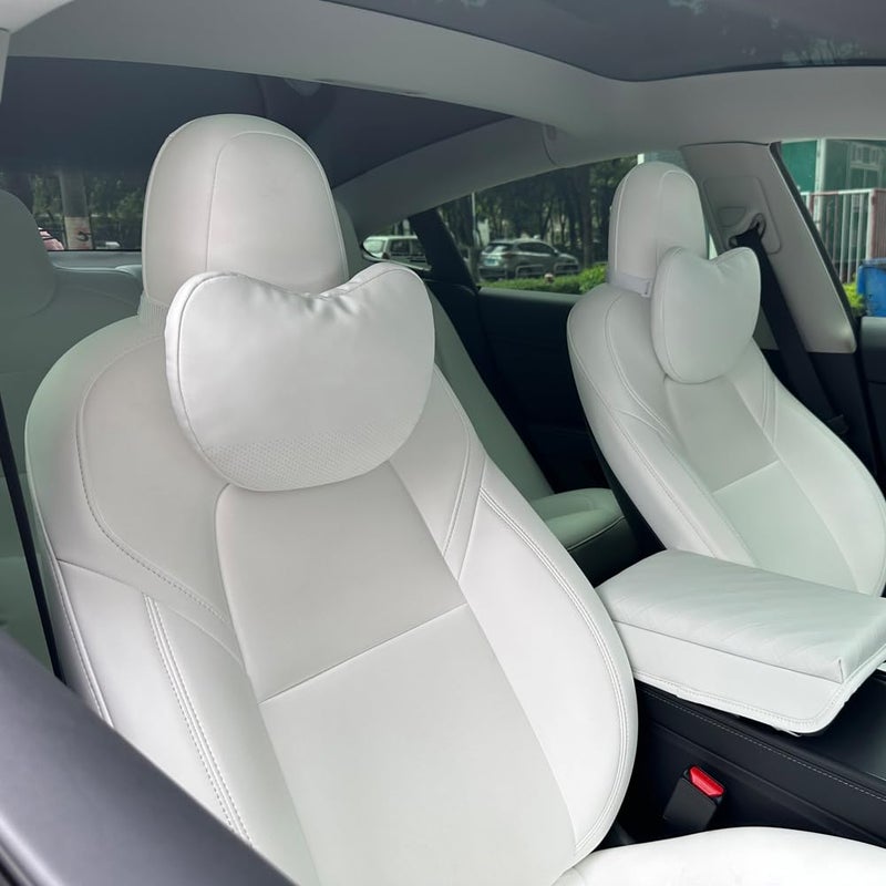 TESBEAUTY Nappa Leather Seat Headrest Pillow 2 Packs for Tesla Neck Pillow Uniquely Designed for Tesla Model XSY3 Higher Version Fits Taller Than 57 Genuine Nappa Leather Visible Strap White