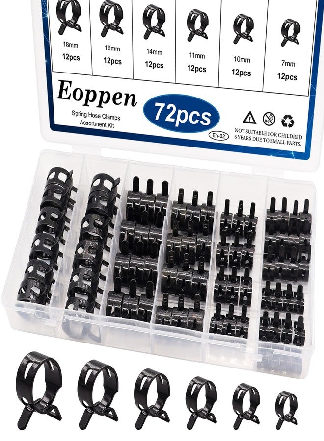 Eoppen 72Pcs Spring Hose Clamps Fuel Line Silicone Vacuum Hose Low Pressure Air Clamps & Sleeving Automotive Replacement Fastener Assortment Kit 6 Sizes (7mm 10mm 11mm 14mm 16mm 18mm) Black - Image 1
