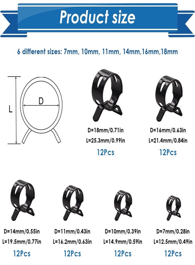 Eoppen 72Pcs Spring Hose Clamps Fuel Line Silicone Vacuum Hose Low Pressure Air Clamps & Sleeving Automotive Replacement Fastener Assortment Kit 6 Sizes (7mm 10mm 11mm 14mm 16mm 18mm) Black - Image 2
