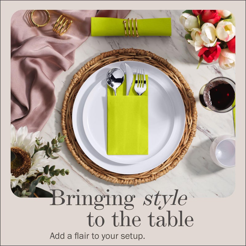 NAPEREE 100-Pack Disposable Napkins With Pocket For Flatware  Lime Napkins Paper For Wedding  Dinner Or Party  Built-In Pocket For Silverware  Prefolded - Image 2