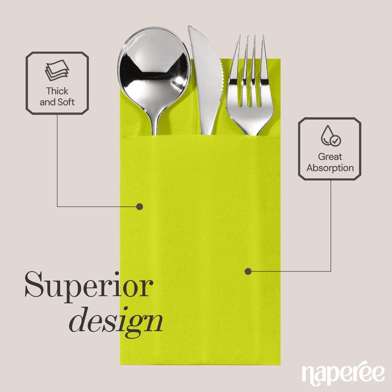 NAPEREE 100-Pack Disposable Napkins With Pocket For Flatware  Lime Napkins Paper For Wedding  Dinner Or Party  Built-In Pocket For Silverware  Prefolded - Image 3