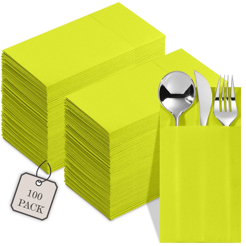 NAPEREE 100-Pack Disposable Napkins With Pocket For Flatware  Lime Napkins Paper For Wedding  Dinner Or Party  Built-In Pocket For Silverware  Prefolded - Image 1