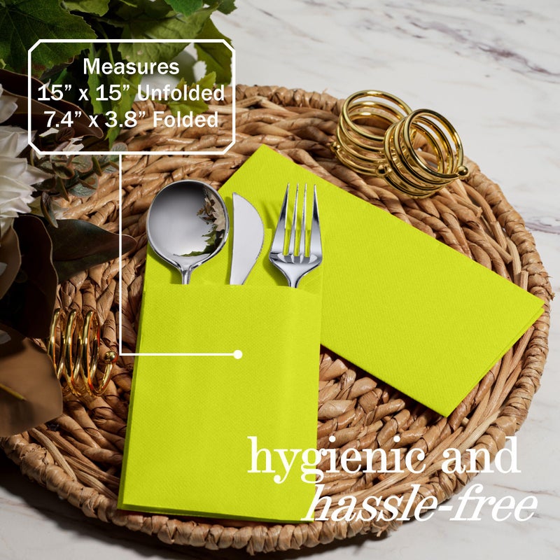 NAPEREE 100-Pack Disposable Napkins With Pocket For Flatware  Lime Napkins Paper For Wedding  Dinner Or Party  Built-In Pocket For Silverware  Prefolded - Image 4