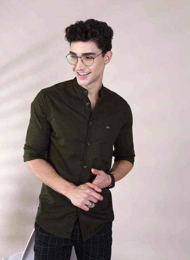 The Indian Garage Co The Indian Garage Co Men Olive Slim Fit Solid Casual Shirt