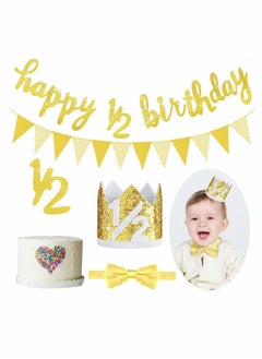 Y&D 6 Months Happy Birthday Banner Set, Glitter Half Decoration Baby Boy Girl 1/2 Year Cake Topper Triangle Flag Crown Hat Bow Tie  - Image 1