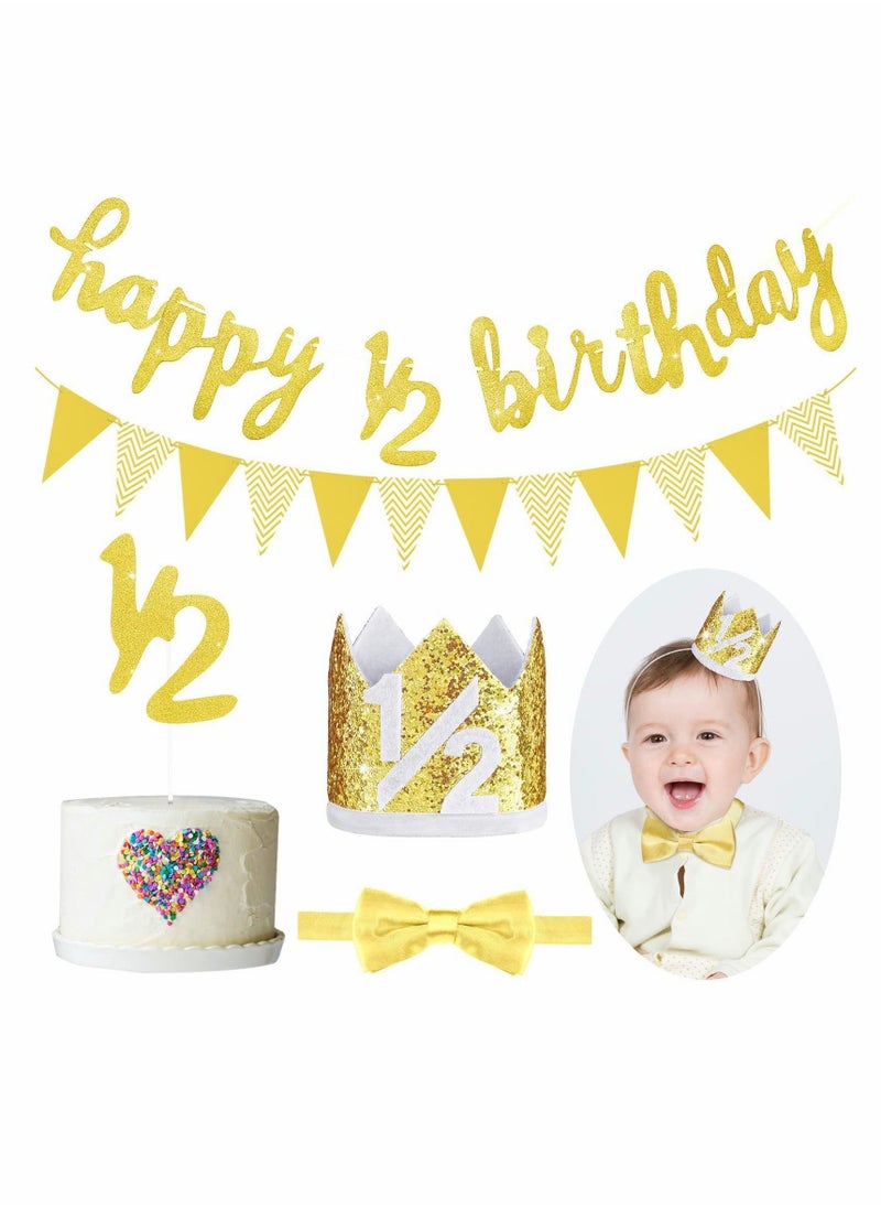 Y&D 6 Months Happy Birthday Banner Set, Glitter Half Decoration Baby Boy Girl 1/2 Year Cake Topper Triangle Flag Crown Hat Bow Tie  - Image 1
