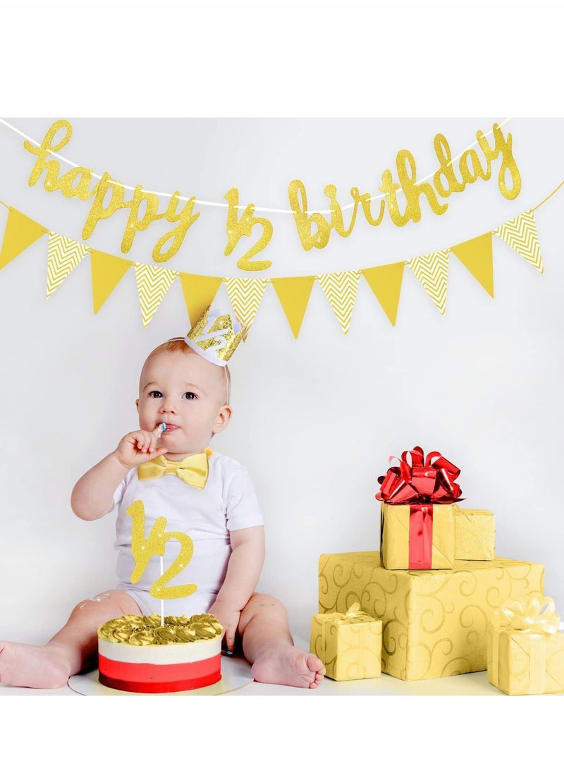 Y&D 6 Months Happy Birthday Banner Set, Glitter Half Decoration Baby Boy Girl 1/2 Year Cake Topper Triangle Flag Crown Hat Bow Tie  - Image 4