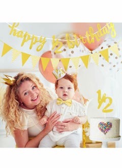 Y&D 6 Months Happy Birthday Banner Set, Glitter Half Decoration Baby Boy Girl 1/2 Year Cake Topper Triangle Flag Crown Hat Bow Tie  - Image 2