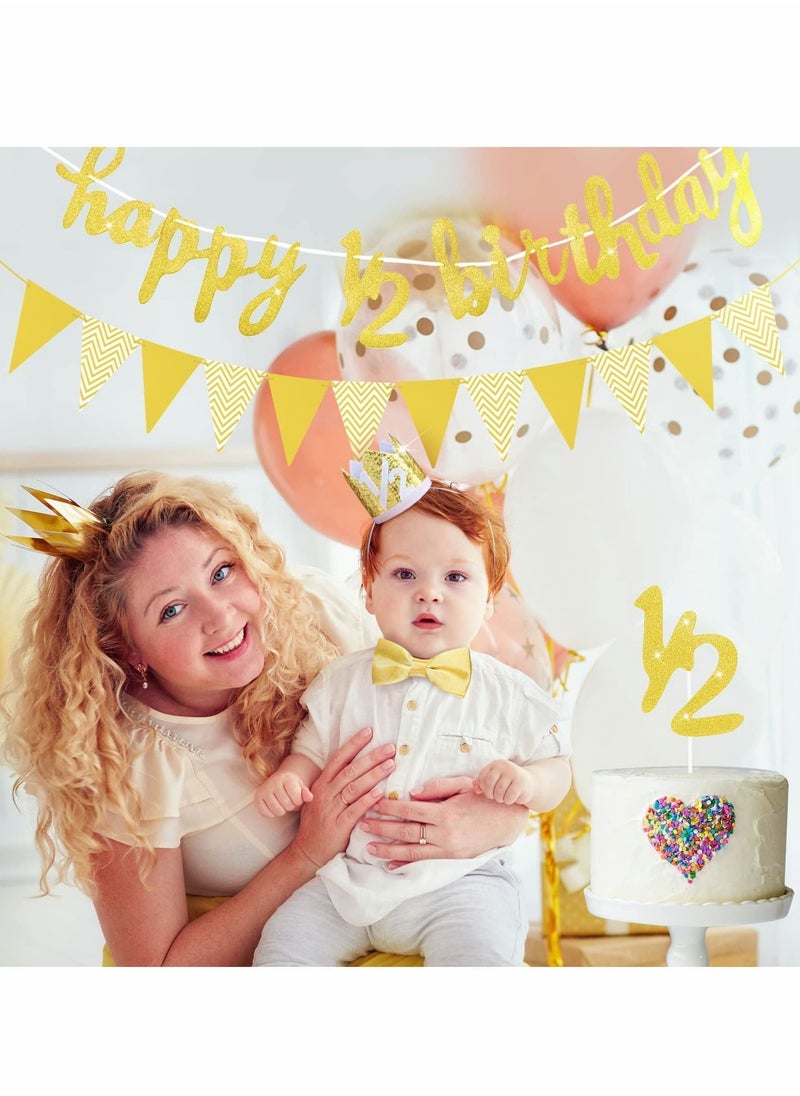 Y&D 6 Months Happy Birthday Banner Set, Glitter Half Decoration Baby Boy Girl 1/2 Year Cake Topper Triangle Flag Crown Hat Bow Tie  - Image 2