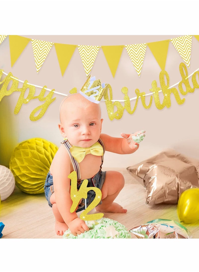 Y&D 6 Months Happy Birthday Banner Set, Glitter Half Decoration Baby Boy Girl 1/2 Year Cake Topper Triangle Flag Crown Hat Bow Tie  - Image 3