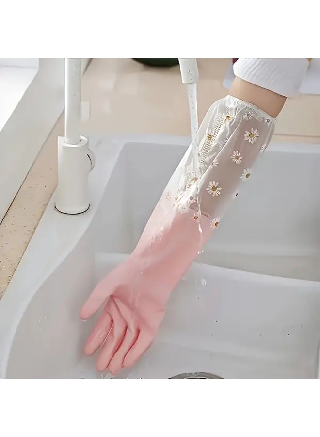Yellow PVC Long Sleeve Cleaning Gloves Waterproof Non Slip Floral Design For Dishwashing Kitchen Household Chores - Image 1