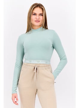 Women Mock Neck Long Sleeve Brand Logo Crop Top, Jade Green