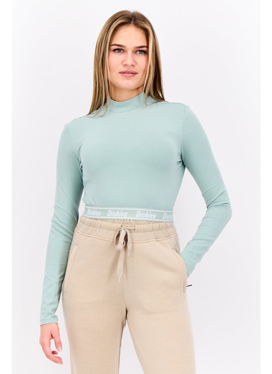 Dickies - Women Mock Neck Long Sleeve Brand Logo Crop Top, Jade Green - Image 1