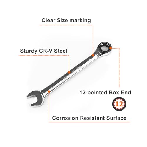 Egofine 8mm Ratcheting Combination Wrench Metric, Industrial Grade Gear Spanner with 12-Point Design, 72-Tooth Ratchet, Chrome Vanadium Steel - Image 2