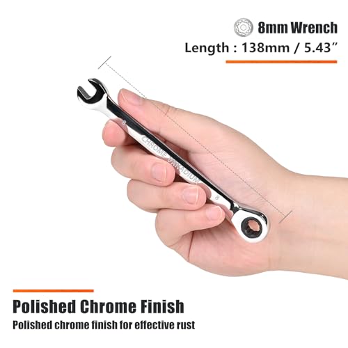 Egofine 8mm Ratcheting Combination Wrench Metric, Industrial Grade Gear Spanner with 12-Point Design, 72-Tooth Ratchet, Chrome Vanadium Steel - Image 3