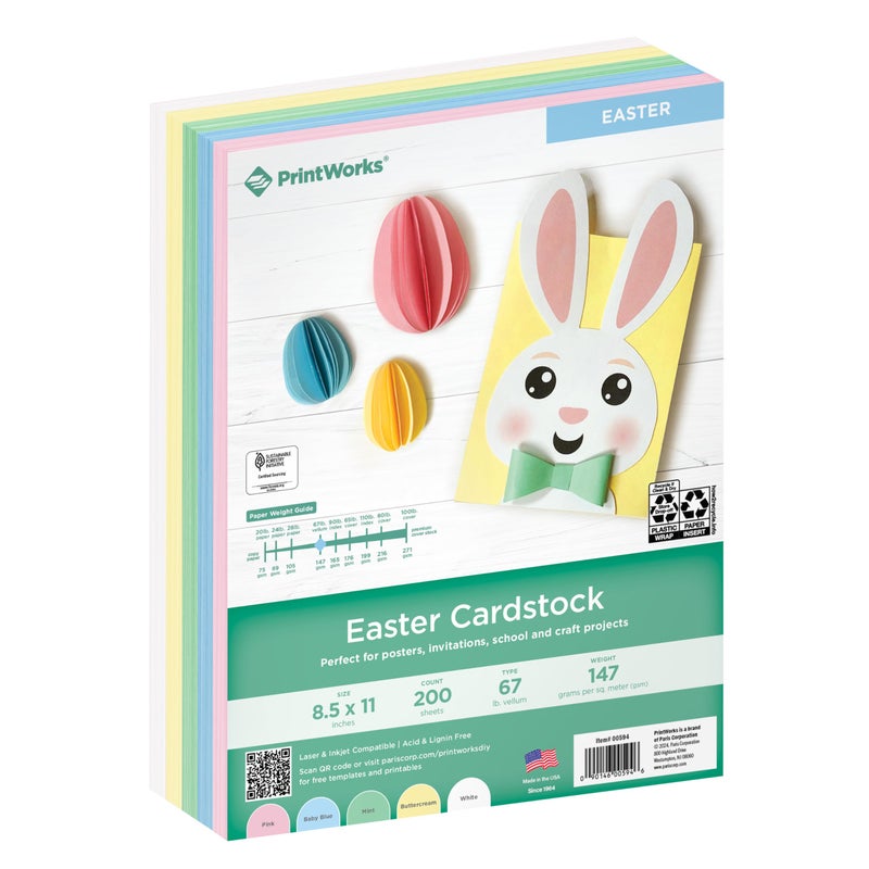 PrintWorks Easter Cardstock 8.5" x 11" - 200 Sheets - 5 Assorted Pastel Cardstock Colors - Ideal for School & Craft Projects - 67 lb/147 gsm - Made in the USA - SFIÂ® Certified (00594) - Image 1