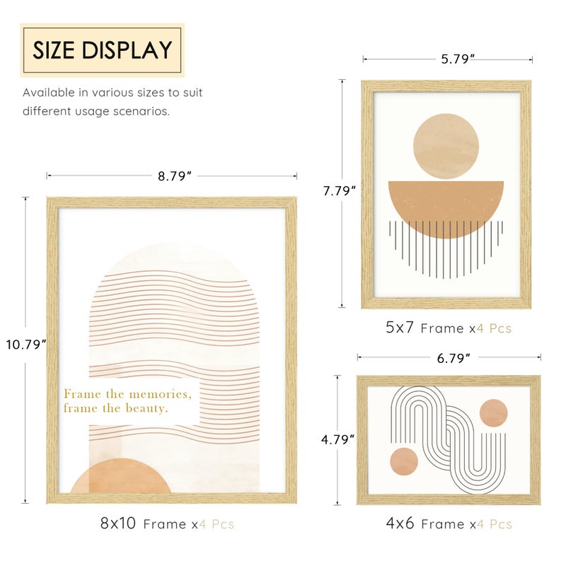 DUENPY Natural Wood 12 Pack Picture Frames Collage Wall Decor Set, Multi-Size Gallery Frames for Wall Mounting & Tabletop Display, Includes 4pcs 8x10, 4pcs 5x7, 4pcs 4x6 Wood Color Photo Frame - Image 2
