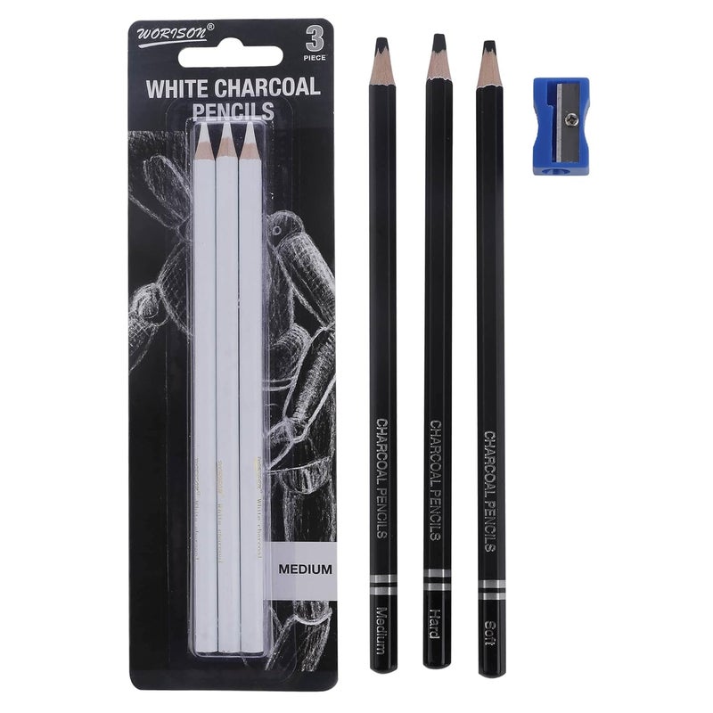 Worison worison 3 PCs White And 3 Pcs Black Charcoal Pencils Combo set for Sketching Drawing and Other Artistic Work  - Image 1