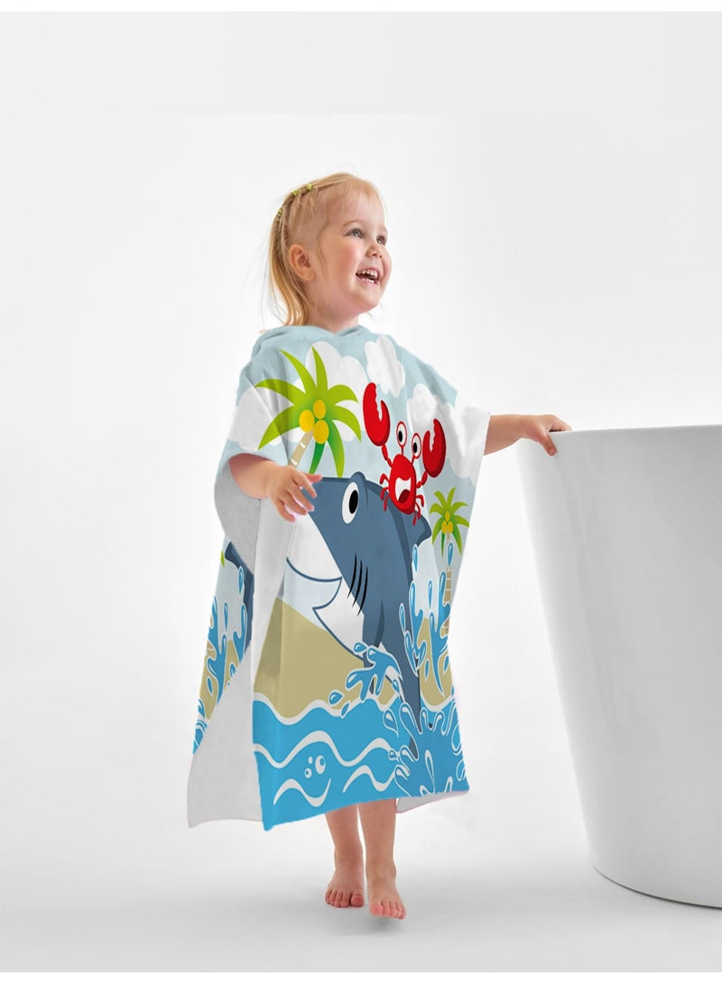 Cartoon Shark & Crab Hooded Poncho Towel, Quick-Dry Beach Swim Cover-Up for Kids & Adults - Image 1