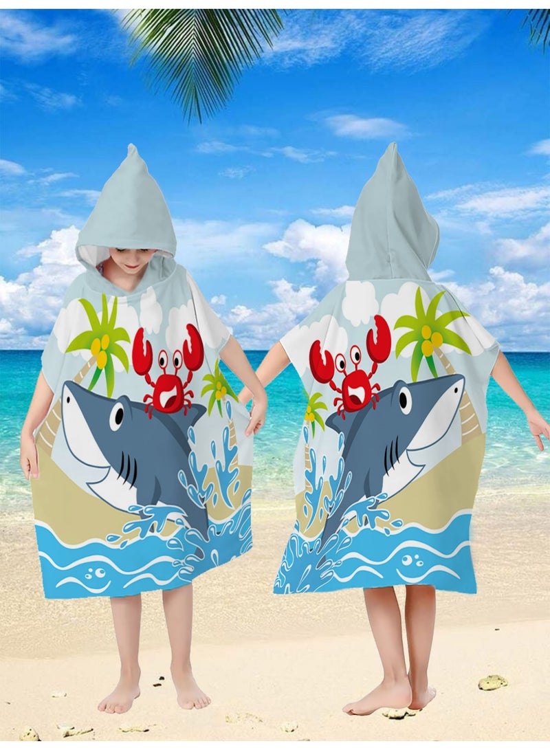 Cartoon Shark & Crab Hooded Poncho Towel, Quick-Dry Beach Swim Cover-Up for Kids & Adults - Image 2