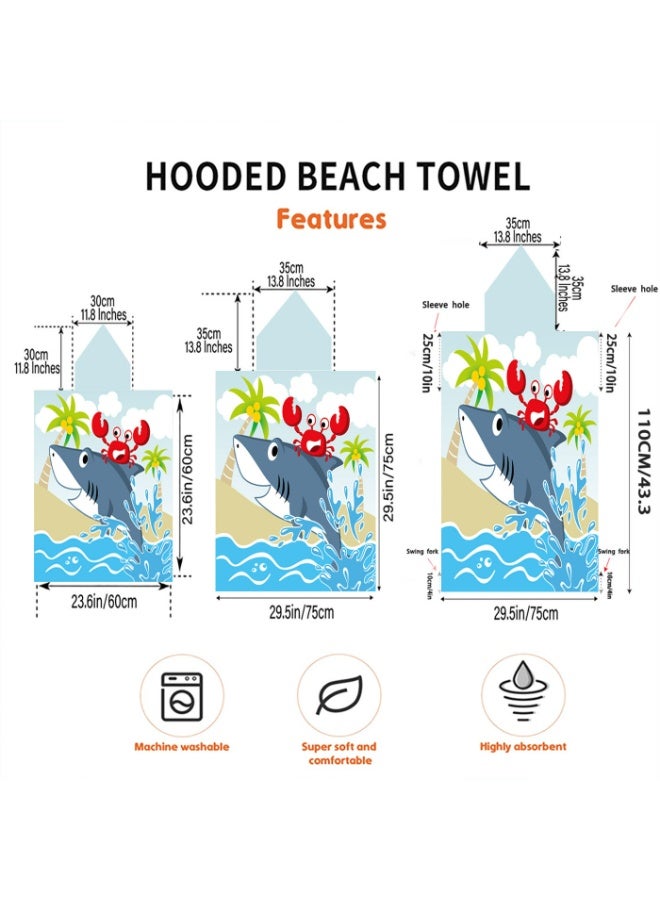 Cartoon Shark & Crab Hooded Poncho Towel, Quick-Dry Beach Swim Cover-Up for Kids & Adults - Image 3