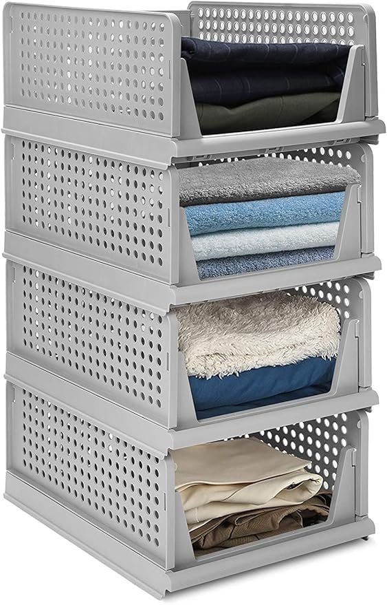 JEYANG Foldable Plastic Wardrobe Organizer Stackable Storage Solution for Clothes Ideal for Bathroom Kitchen and Bedroom Use Pack of 5 Grey - Image 4