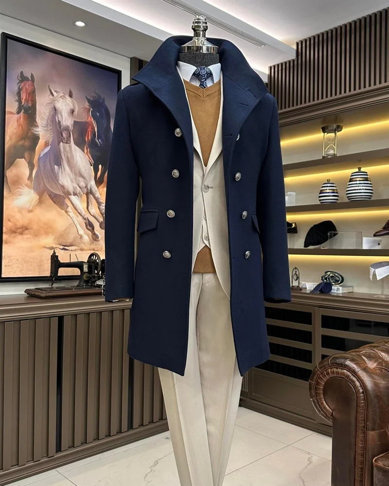 ترزي اددم Tailor Adem Italian Style Slim Fit Mandarin Collar Cashmere Coat Navy Blue T9941
