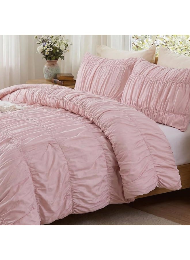 Bedbay غطاء لحاف مطرز 100% قطن بحجم كينج، غطاء لحاف وردي مجعد، مجموعة سرير زينة جمالية للطلاب، مجموعة غطاء لحاف بوهيمي من 3 قطع للبالغين والفتيات والمراهقين - Image 2