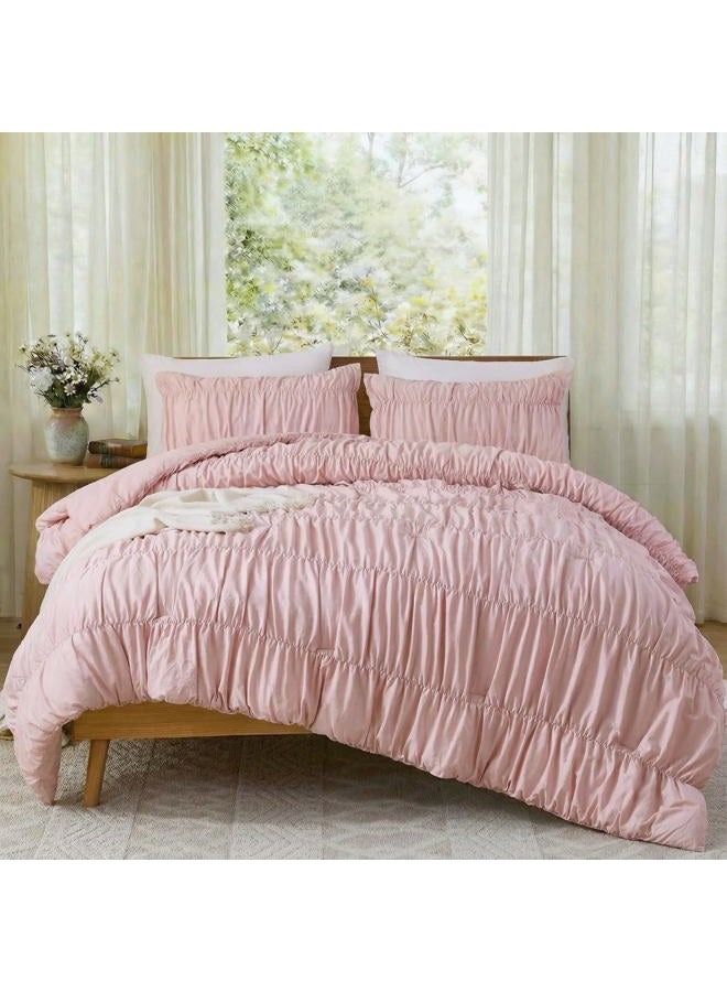 Bedbay غطاء لحاف مطرز 100% قطن بحجم كينج، غطاء لحاف وردي مجعد، مجموعة سرير زينة جمالية للطلاب، مجموعة غطاء لحاف بوهيمي من 3 قطع للبالغين والفتيات والمراهقين - Image 4