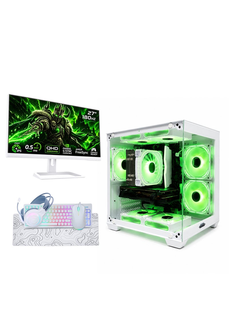 عرب جيمرز حزمة كمبيوتر ألعاب متكاملة بمعالج Intel Core i5-12400F، بطاقة رسومات NVIDIA RTX 5060 Ti 8 جيجابايت، ذاكرة وصول عشوائي 16 جيجابايت، قرص NVMe SSD سعة 1 تيرابايت، شاشة FHD بحجم 27 بوصة 180 هرتز، لوحة مفاتيح، ماوس، وسماعة رأس - أبيض - Image 1