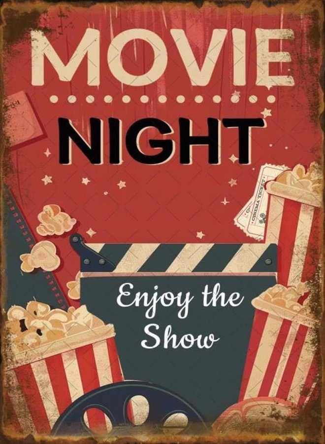 Flyhaw Vintage Movie Night Metal Tin Sign Enjoy The Show With Popcorn Decor For Home Cinema Cafe 8x12 Inch - Image 1