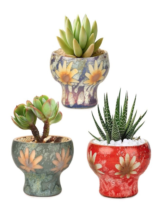 Sungmor Small Succulent Planters Set of 3, Beautiful Hand Crafted Ceramic Plant Pots Cute Cactus Pot, 4.9 Inch Flower Pots for Indoor Plants with Drainage, Desktop Windowsill Home Office Decor Pots - Image 1