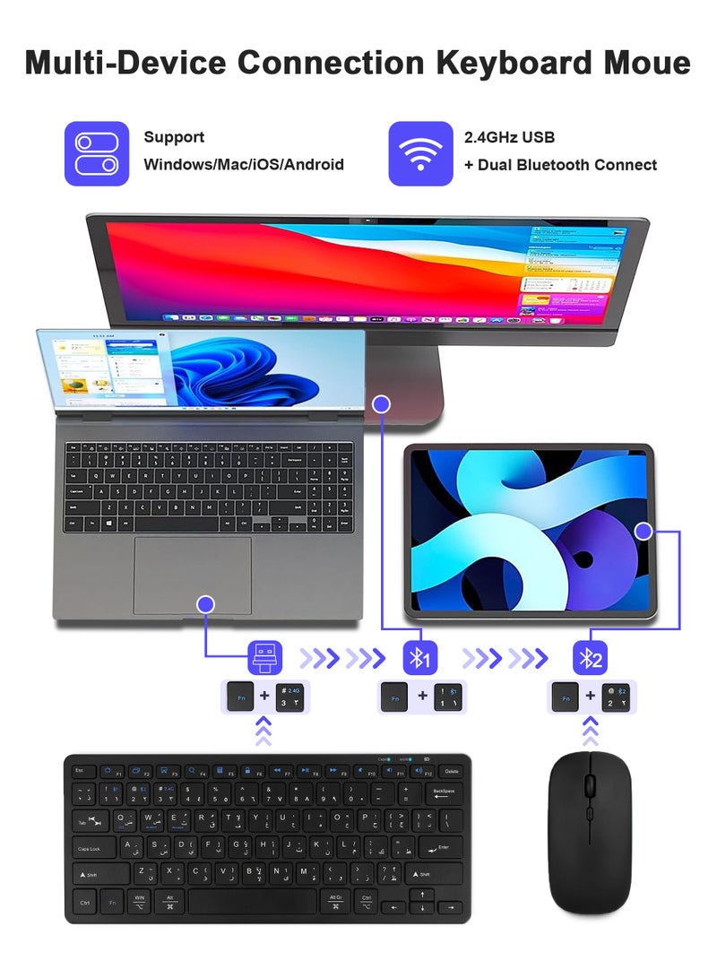 Necomi Arabic/English Portable Wireless Keyboard and Mouse Combo, Slim Wireless Bluetooth Keyboard & Mouse Combo, Dual Bluetooth 3.0/5.0 & 2.4GHz & USB C Receiver, Whisper-Quiet, Rechargeable Thin Compact, PC/Laptop/Windows/Mac - Image 2