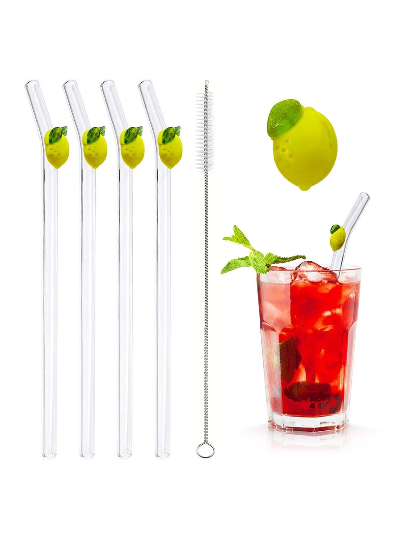 Reusable Glass Straws Set of 4 with Lemon Decoration – Eco-Friendly Drinking Straws with Cleaning Brush – Perfect for Citrus Lovers, Cold Drinks, and Smoothies